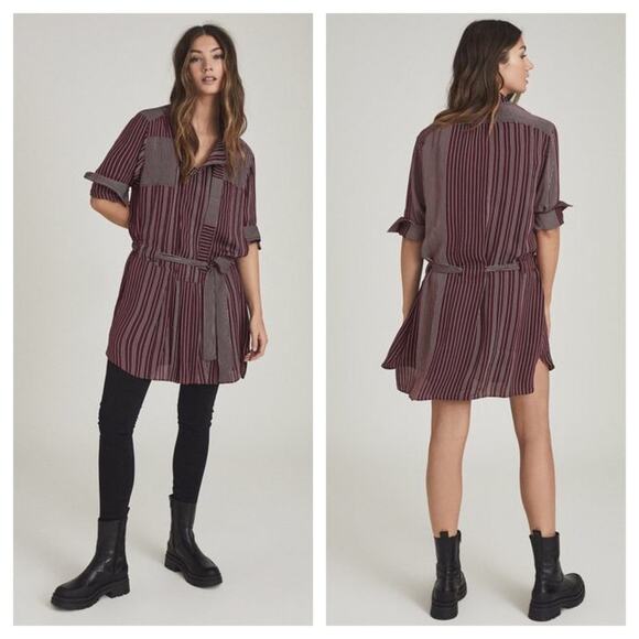 NWT Reiss Albi Burgundy Striped Shirt Dress Size 0 Tie Waist Button Workwear - Picture 1 of 16